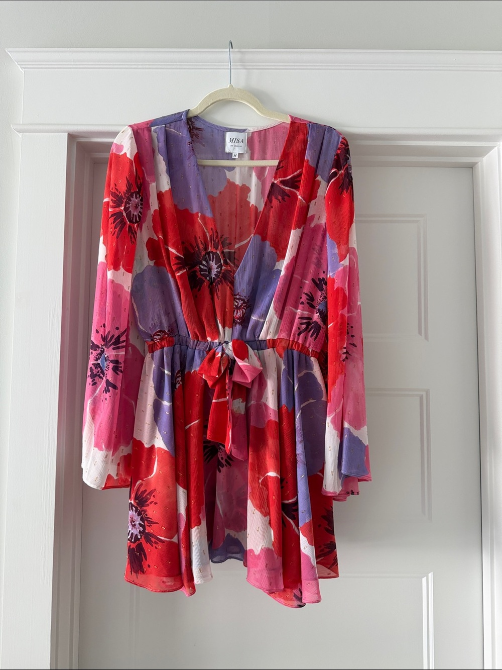 Misa Los Angeles Red Pink Purple Floral Tie-Waist Romper